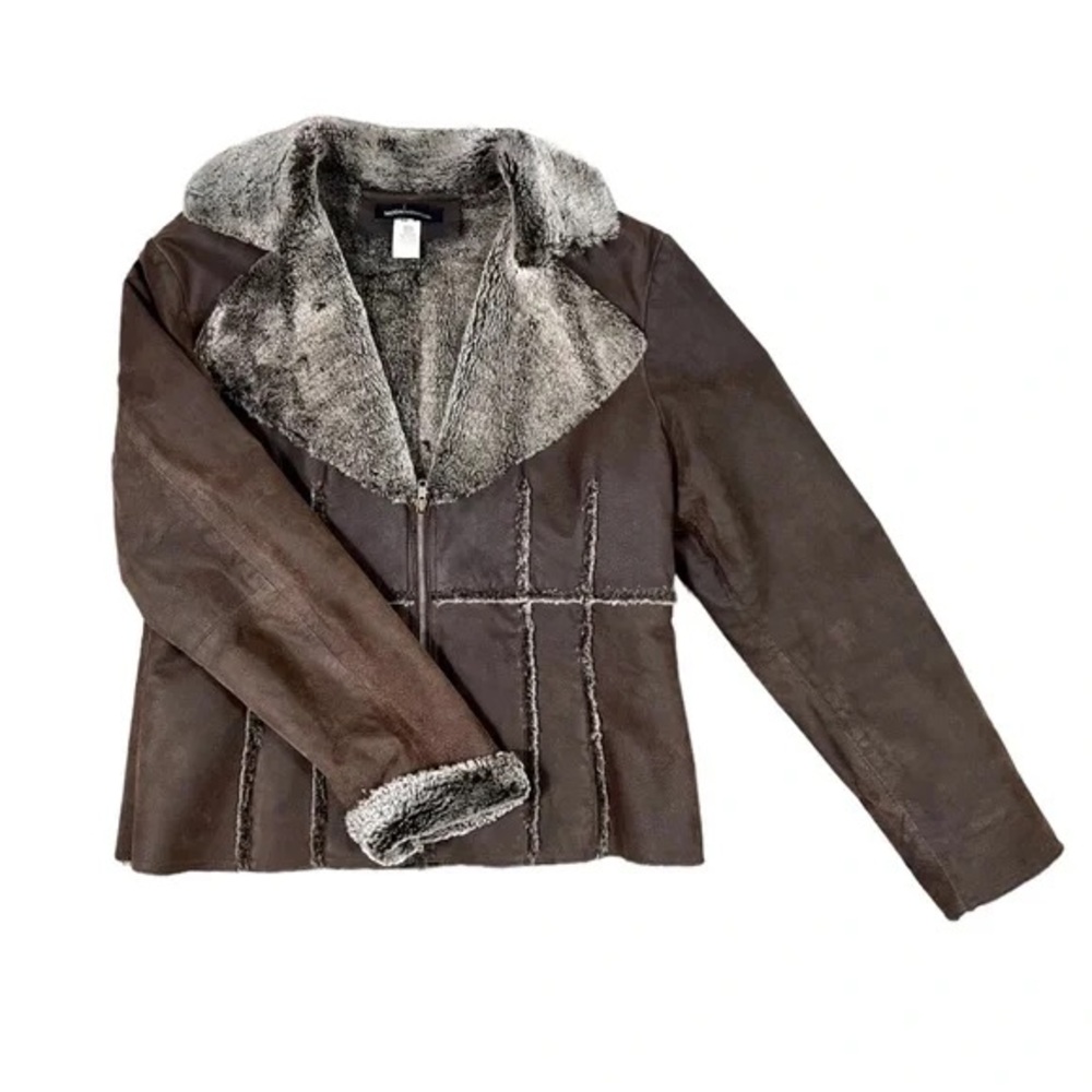 Women's Brown Leather Jacket w/ Faux Fur Trim (Moda International)